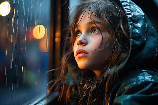 Smutne dziecko obserwuje przez okno deszcz generatywny IA