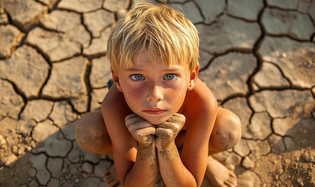 Smutne dziecko z ziemią suszą, klęskami żywiołowymi spowodowanymi zmianami klimatu.