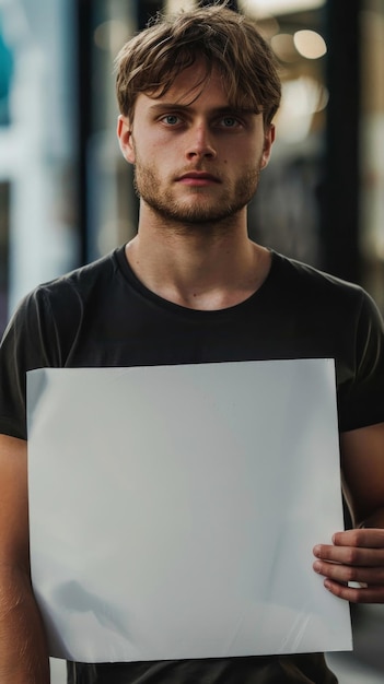 Zdjęcie smutny człowiek trzymający pustą białą tablicę