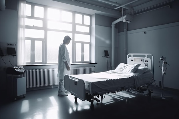Zdjęcie smutny pacjent stojący w rogu sali szpitalnej
