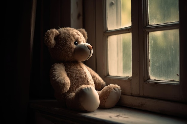 Smutny pluszowy niedźwiedź przy oknie.