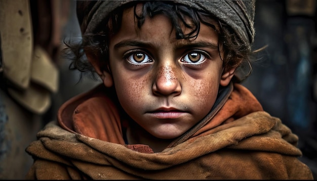Smutny wojenny mały chłopiec wpatrujący się w kamerę Głębokie spojrzenie Photojournalism Generative AI