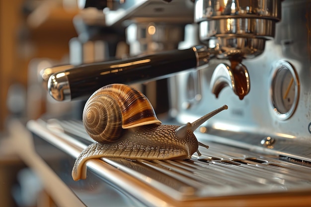 Zdjęcie snail coffee shop barista wyobraź sobie ślimaka za małą ladą do kawy, robiącego doskonałe espresso dla innych zwierząt.