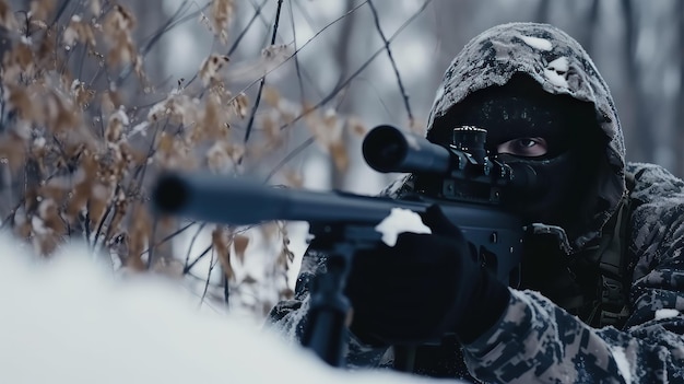 Snajper wojskowy celuje w wroga w zimowym lesie.