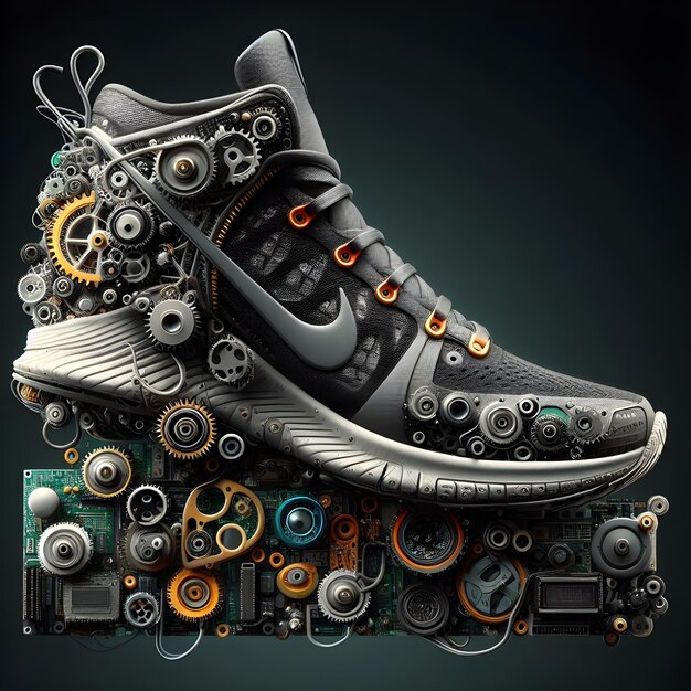 Zdjęcie sneakers stworzone przewody biegów mechanika elektronika futurystyczny oszałamiający nierealny silnik