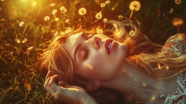 Śniące letnie wibracje Kobieta relaksująca się na trawie z złotym słońcem