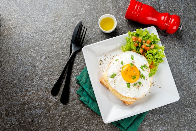 Śniadanie. Gorąca kanapka. Croque madame kanapka. Tradycyjna kuchnia francuska. Skopiuj miejsce.