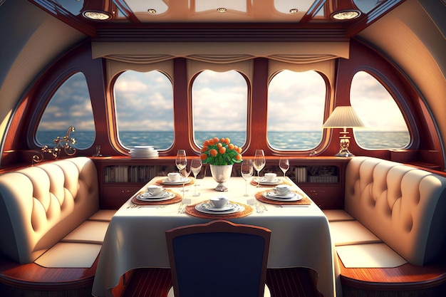 Śniadanie na luksusowym stole łodzi z wnętrzem jachtu naczyń