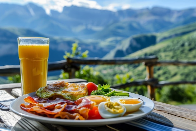 Śniadanie na świeżym powietrzu Smażone warzywa, bekon, jajka i sok z rozmytymi górami na tle Generatywna sztuczna inteligencja