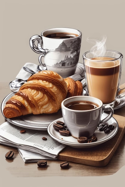 śniadanie ręcznie narysowany croissant z włoską moką i filiżanką kawy wszystkie oddzielne obrazy