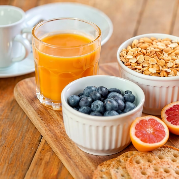 Śniadanie stołowe Śniadanie kontynentalne Śniadanie płatki owocowe i sok pomarańczowy