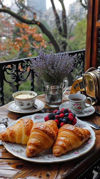 Zdjęcie Śniadanie w rozkwicie croissant ciasto i kwiaty