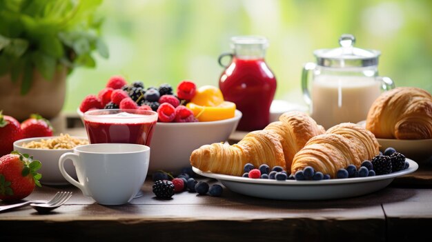 Śniadanie z croissantami, różnorodnymi jagodami, płatkami, świeżymi owocami, mlekiem i różnymi innymi zdrowymi opcjami na drewnianym stole kąpanym w słońcu.