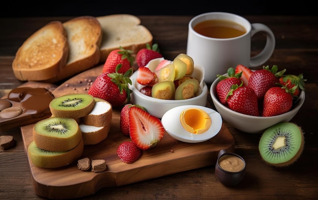 Śniadanie z jajkami, truskawkami i innymi produktami, w tym kiwi, i filiżanką herbaty.