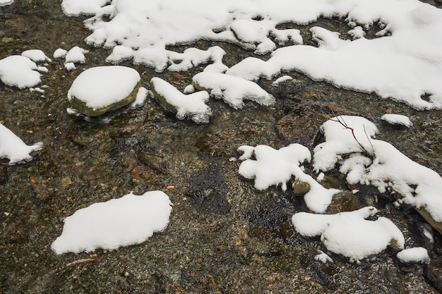 Śnieg I Lód Na Kamieniach W Strumyku