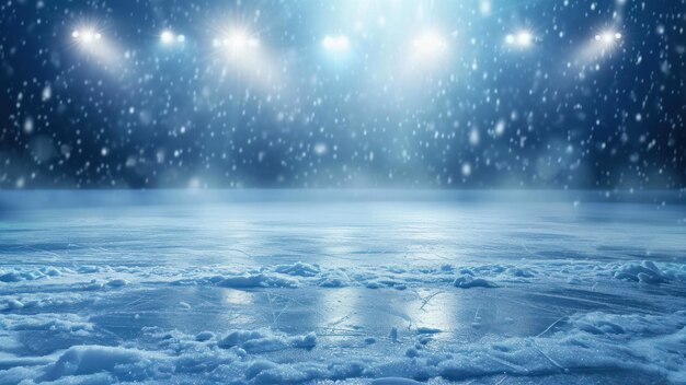 Śnieg i lód Puste lodowisko oświetlone reflektorami