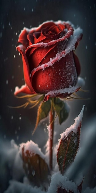 Śnieg na czerwonej róży