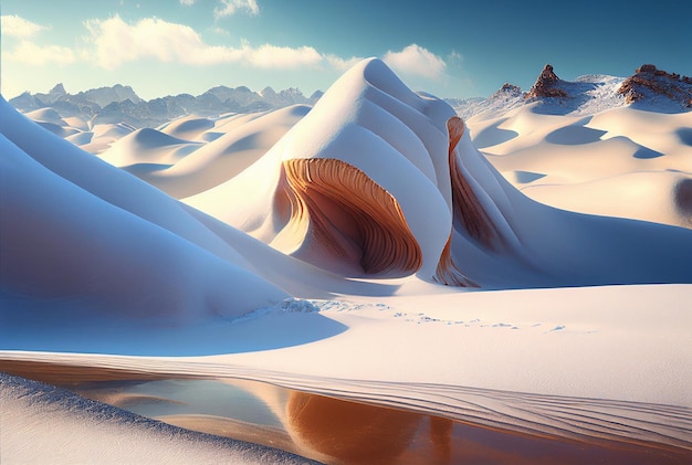 Śnieg na pustynnych białych wydmach w zimie Globalne ochłodzenie Zmiana klimatu Epoka lodowcowa Generacyjna ilustracja AI
