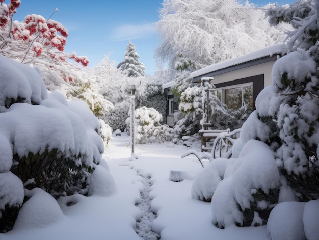 Śnieg pokrywa dom w sąsiedztwie.