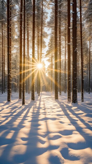 Zdjęcie Śnieg w zimowym lesie iglastym w pobliżu jasny dzień promienie słońca przebijające się przez drzewa