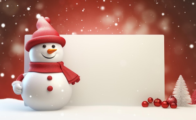 Śnieżak w czerwonym kapeluszu i chustce obok świątecznych dekoracji i pustej kopii znaku