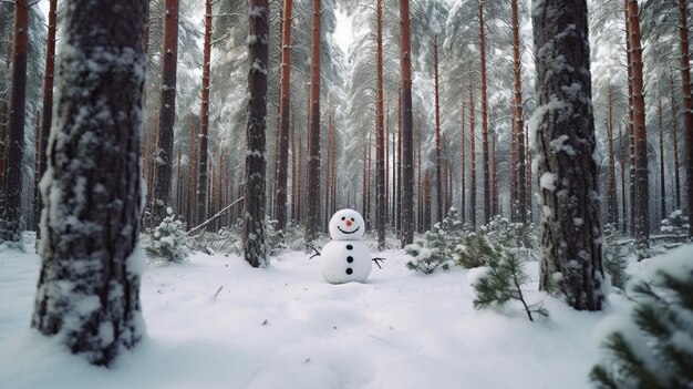 Śnieżak w lesie otoczony sosnami świąteczny obraz fotorealistyczna ilustracja