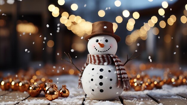 Śnieżak w zimie, scena świąteczna ze śnieżnymi sosnami i ciepłym światłem