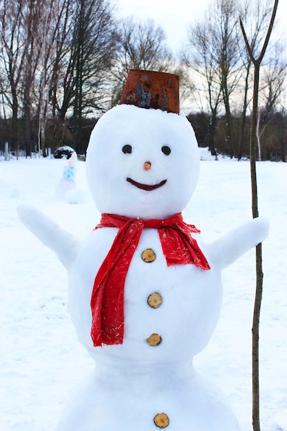 Śnieżak wesoły w śniegu Nowy Rok Atrybut symbol Bożego Narodzenia