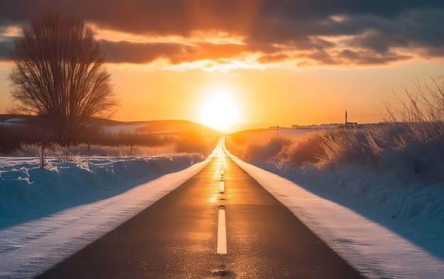 Śnieżna droga z zachodem słońca w tle