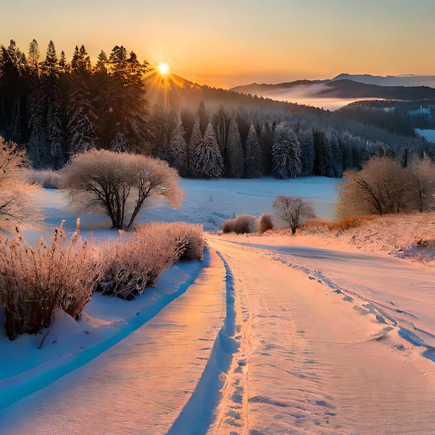 Zdjęcie Śnieżna droga z zachodzącym za nią słońcem