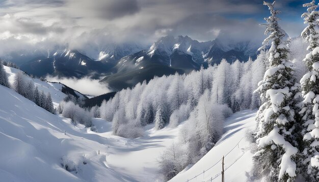 Zdjęcie Śnieżna góra z windą narciarską na tle