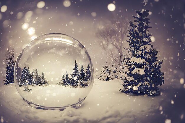 Śnieżna kula z kulą śnieżną ze sceną leśną w środku.