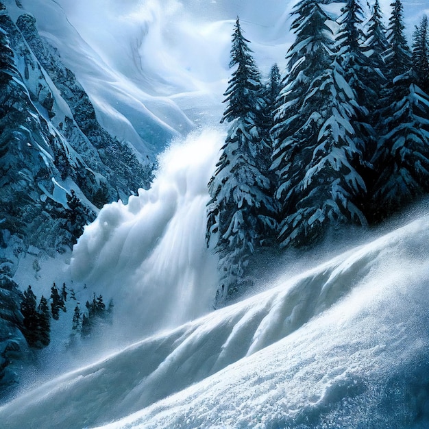 Śnieżna lawina krajobrazowa epicka zjeżdżalnia w zimowym śnieżnym lesie