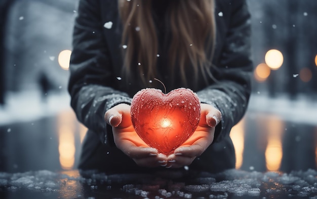 Zdjęcie Śnieżna miłość młode dziewczyny trzymają się za ręce w kształcie serca ręce w rękawiczkach trzymają śnieżne serce na śniegu