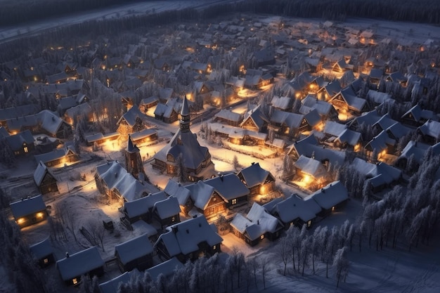 Śnieżna noc rosyjskiej wioski Generuj sztuczną inteligencję