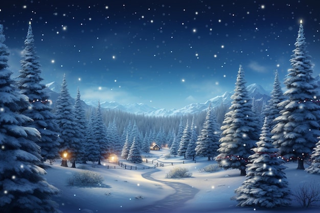 Śnieżna nocna scena z ścieżką przez śnieżny las generatywny ai
