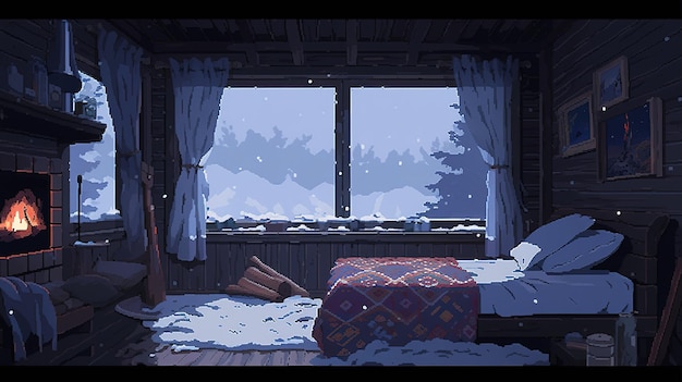 śnieżna przytulna kabina pixel art