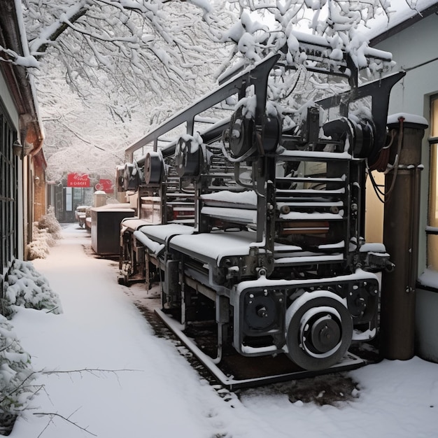 Zdjęcie Śnieżna scena na podwórku pociągu z pokrytym śniegiem drzewem generatywny ai