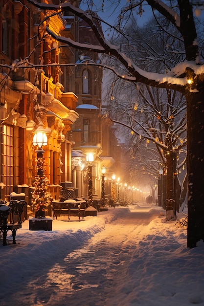 śnieżna scena nocna ławki uliczne światła marzycielskie zapierające dech w piersiach zaczarowane sny miasto neoklasyczne