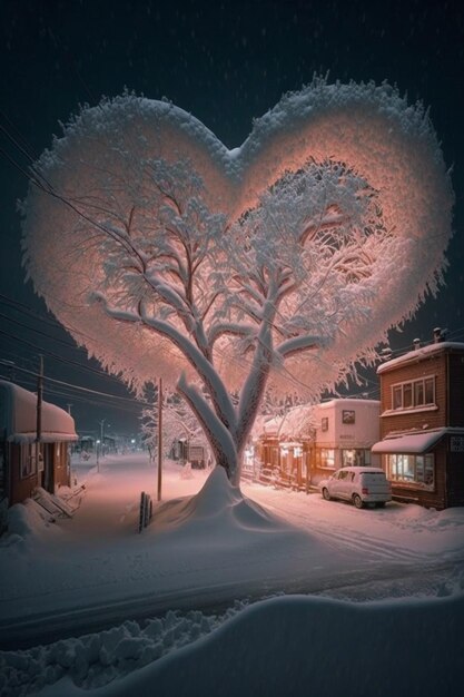 śnieżna scena nocy z drzewem w kształcie serca pośrodku ulicy generatywnej AI