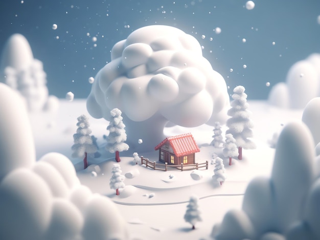 Śnieżna scena z domem po środku lasu