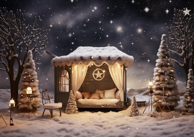 Śnieżna scena z łóżkiem i choinkami w śnieżnej generatywnej ai