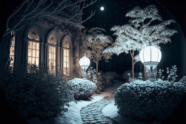 Śnieżna ścieżka przed domem przy nocą generatywną ai