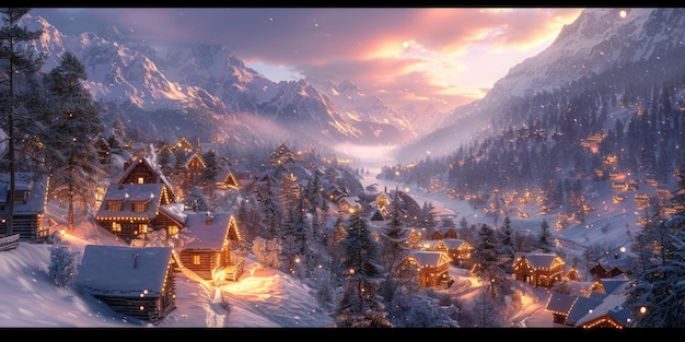 Zdjęcie Śnieżna wioska z górskim tłem