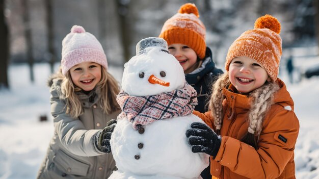 Zdjęcie Śnieżna zabawa trójka dzieci lepi bałwana ze śmiechem i uśmiechem w zimowym krajobrazie