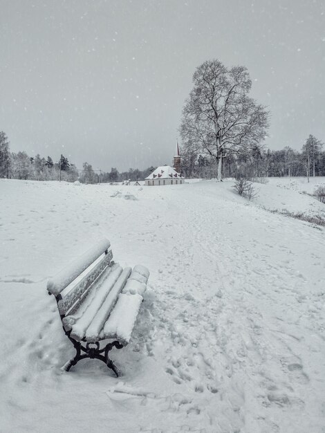 Śnieżna Zima Minimalistyczny Krajobraz Z ławką Pokrytą śniegiem. Gatchina. Rosja.