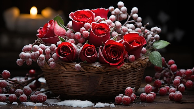 Śnieżne czerwone róże i jagody w rustykalnym drewnianym koszu