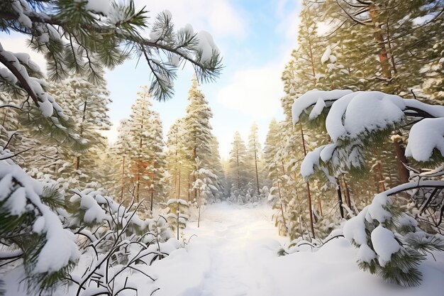 Śnieżne gałęzie sosny łukujące się nad ścieżką leśną