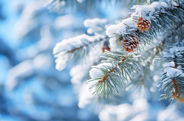 śnieżne liście sosnowe w piękny zimowy dzień