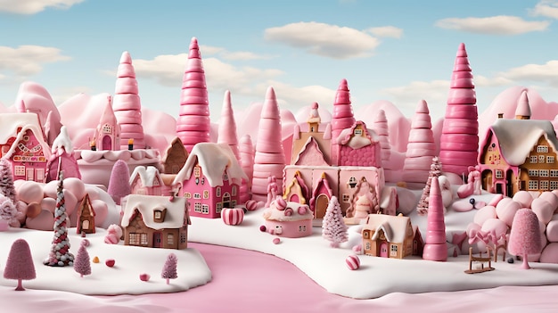 Śnieżne pastele 3D Ilustracja uroczej wioski z różowymi domami